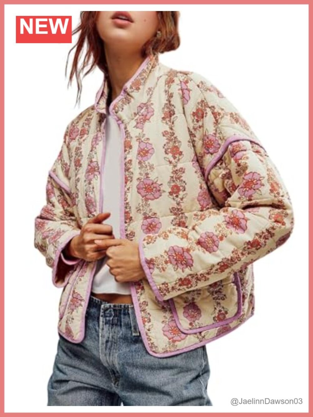 Women's Cropped Quilted Floral Puffer Jacket Open Front Long Sleeve